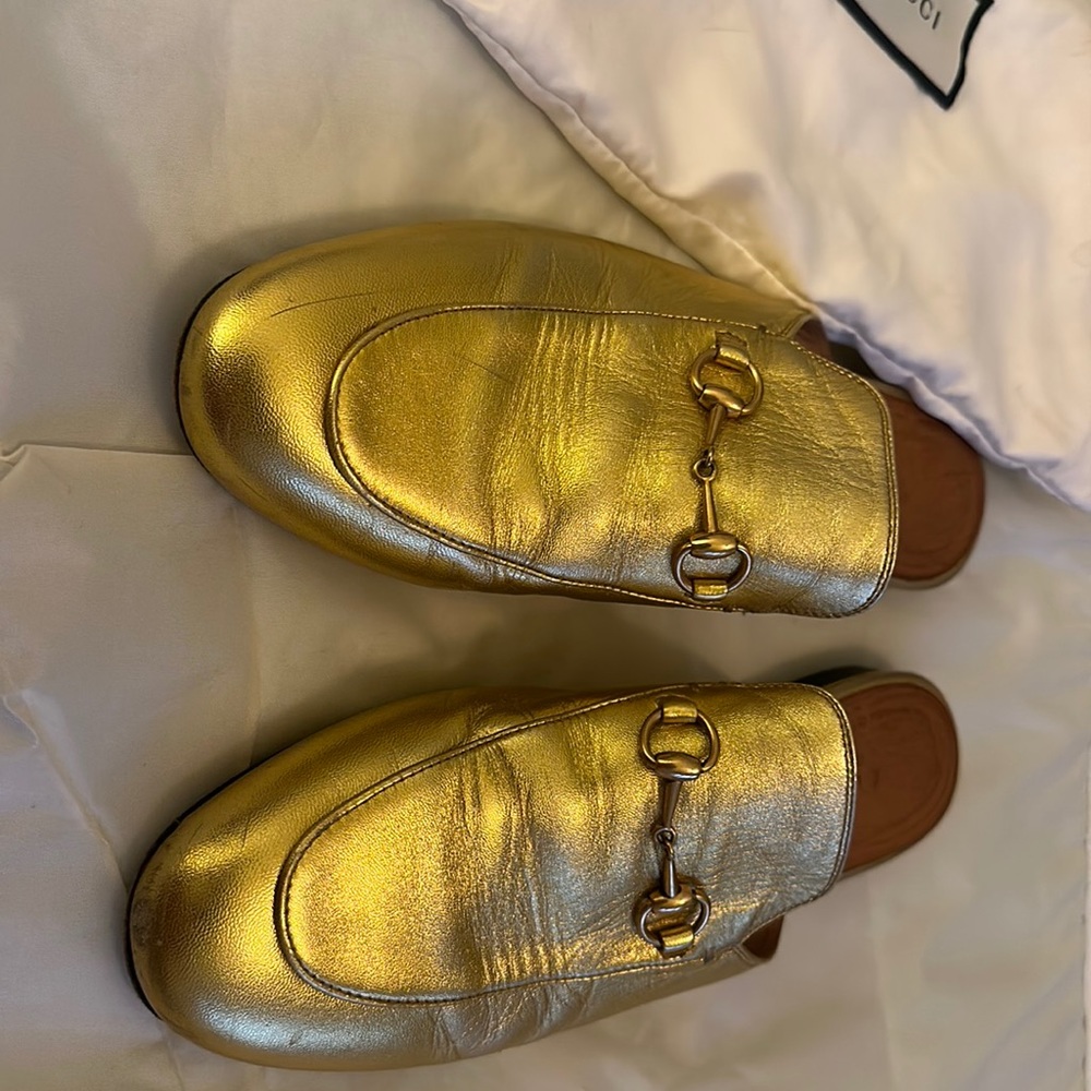 Gucci Gold Leather Princetown Horsebit Loafers Size 40